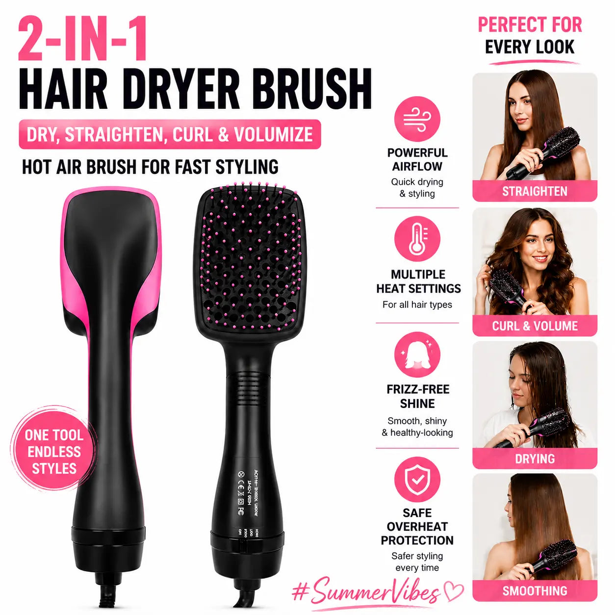 2-In-1 Hair Dryer Brush, Hot Air Brush for Curling, Straightening & Volumizing, Fast Styling Blow Dryer Brush for Smooth Frizz-Free Salon-Style Hair #Summervibes